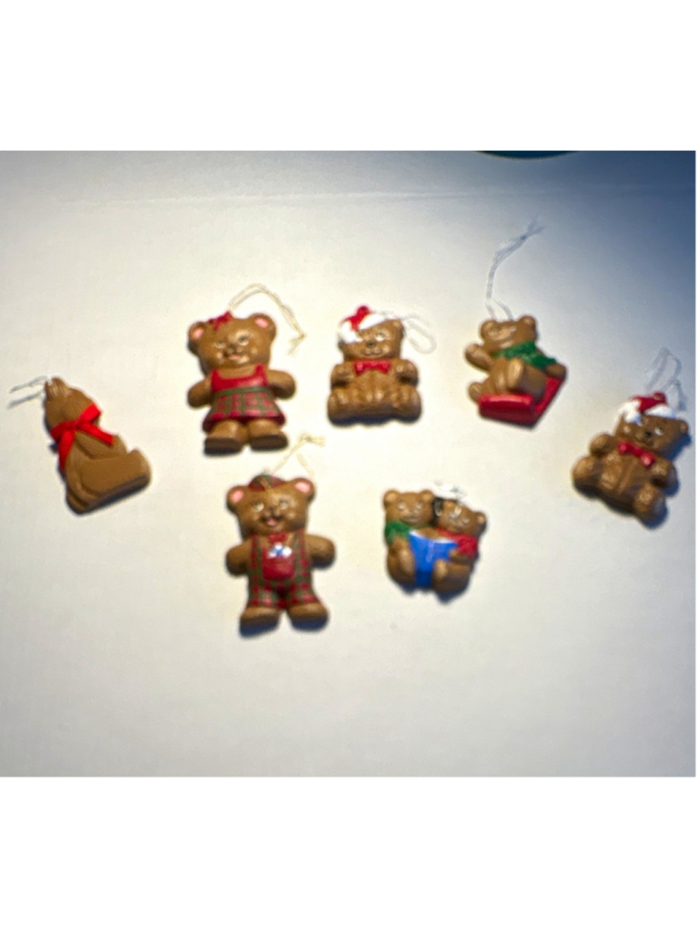 Set of 7 Ceramic Hand-Painted Teddy Bear Christmas Ornaments Vintage 1980s
